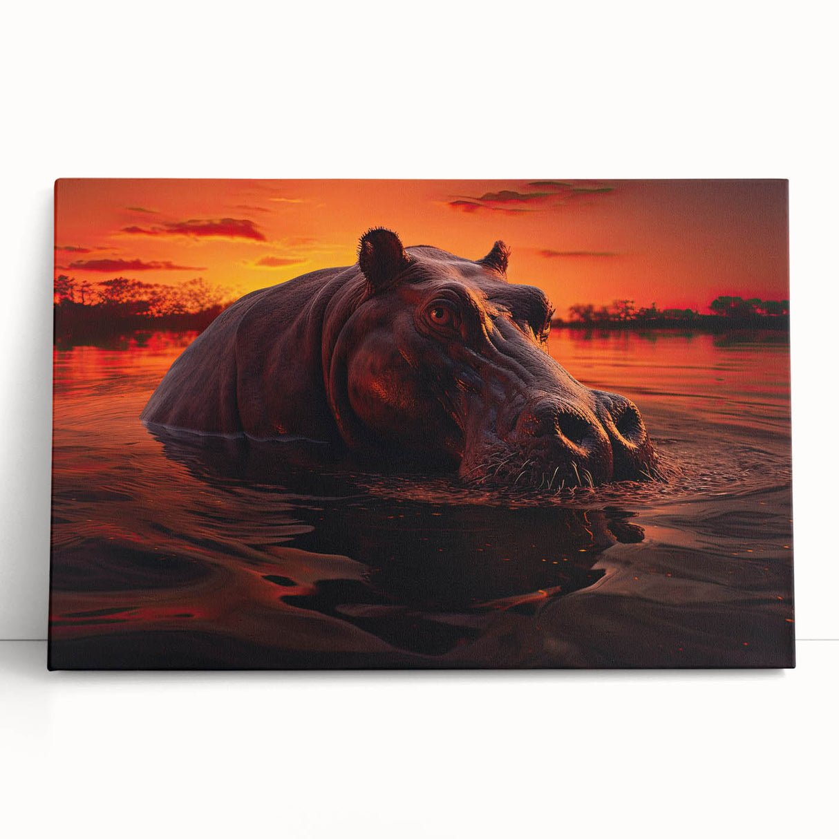Hippopotamus wall art design on stretched canvas, showcasing vibrant colors and intricate details, perfect for wildlife-themed decor in modern interiors.