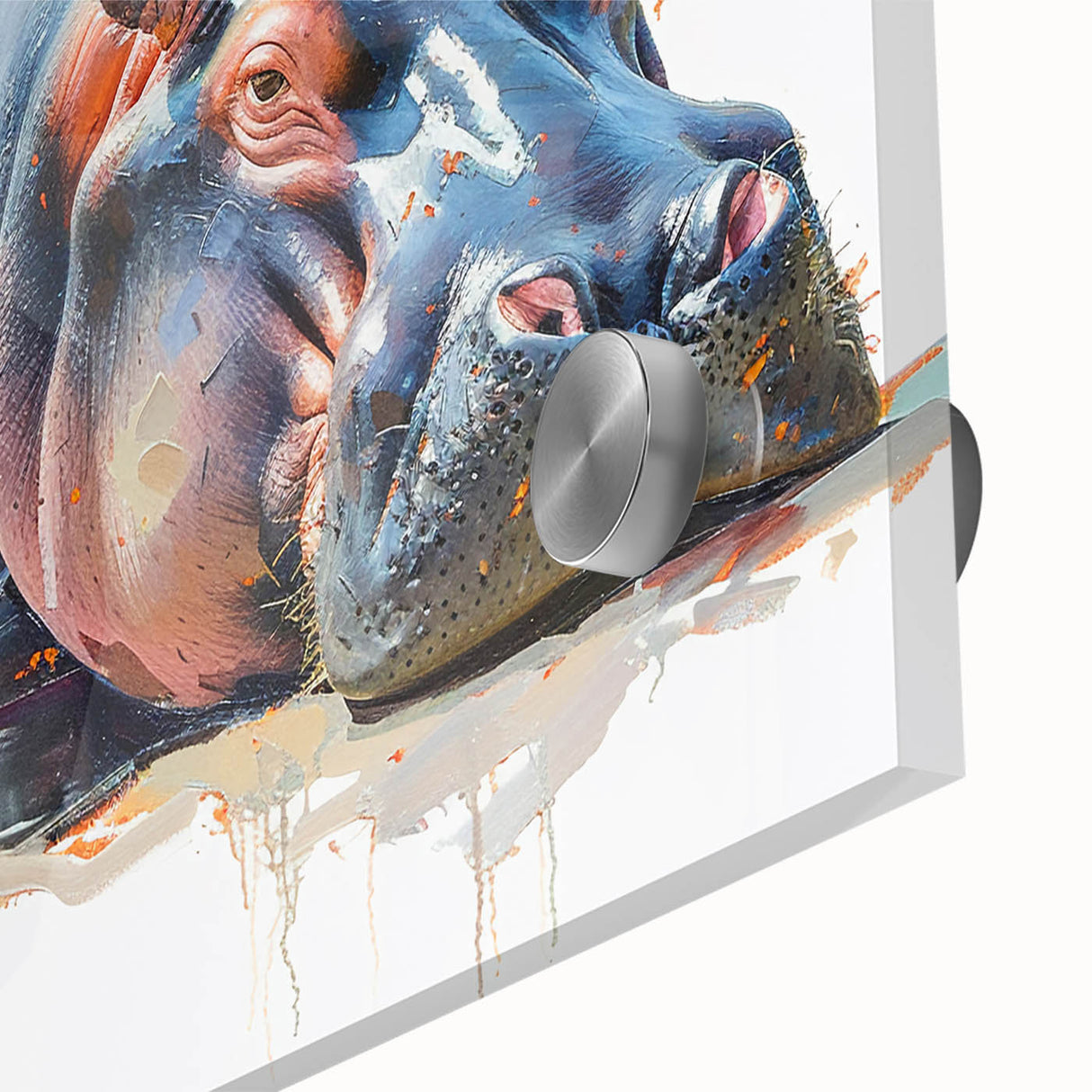 Close-up of a vibrant acrylic wall art piece featuring a detailed hippopotamus design, showcasing rich colors and textures, perfect for animal lovers' decor.