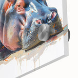 Close-up of a vibrant acrylic wall art piece featuring a detailed hippopotamus design, showcasing rich colors and textures, perfect for animal lovers' decor.