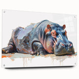 Acrylic glass wall art featuring a vibrant side view of a hippopotamus design, showcasing intricate details and colors, ideal for animal lovers and home decor enthusiasts.