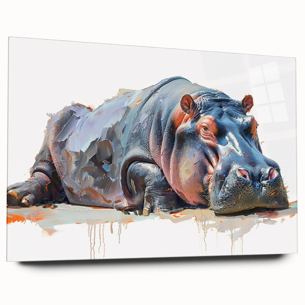 Side view of a colorful acrylic glass wall art piece showcasing a whimsical hippopotamus design, perfect for animal lovers and modern decor, highlighting vibrant colors against a sleek backdrop.