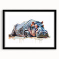 Framed wall art featuring a striking hippopotamus design in vibrant colors, set against a black background, ideal for wildlife enthusiasts and modern decor.