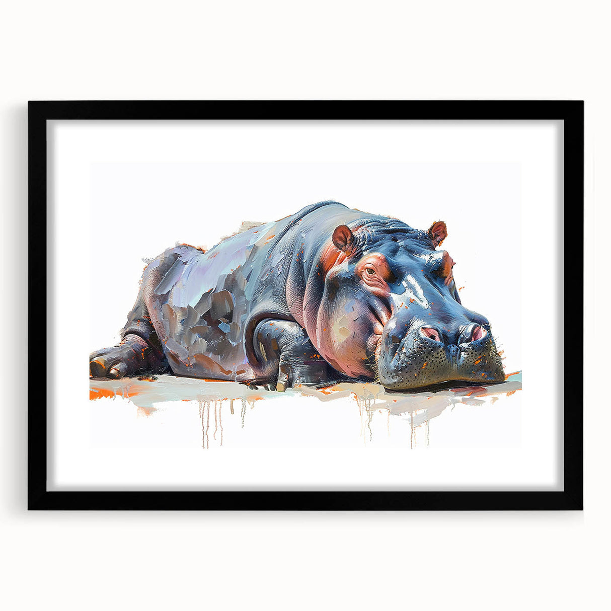 Framed wall art featuring a striking hippopotamus design in vibrant colors, set against a black background, ideal for wildlife enthusiasts and modern decor.