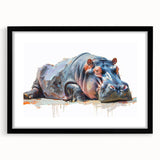 Framed wall art featuring a striking hippopotamus design in vibrant colors, set against a black background, ideal for wildlife enthusiasts and modern decor.