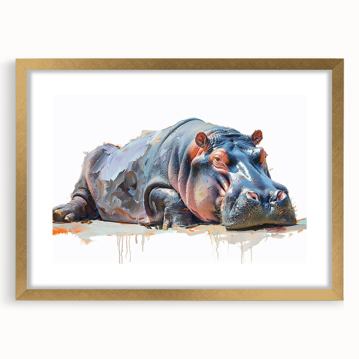 Front view of a gold-framed wall art piece showcasing a beautifully designed hippopotamus in a vibrant, colorful style, perfect for animal lovers and home decor enthusiasts.