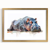Front view of a gold-framed wall art piece showcasing a beautifully designed hippopotamus in a vibrant, colorful style, perfect for animal lovers and home decor enthusiasts.