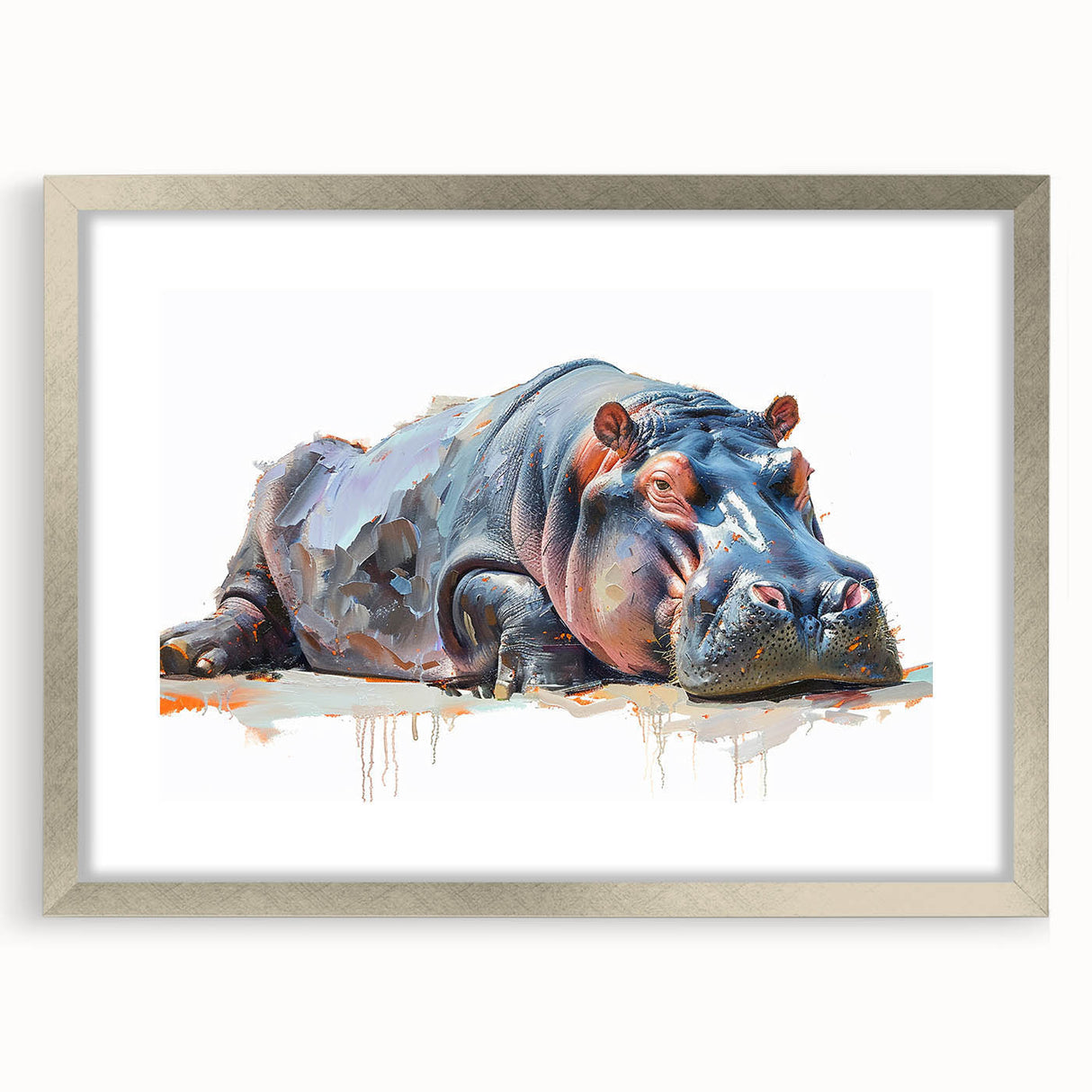 Hippopotamus wall art design featuring a detailed illustration of a hippo in a serene aquatic setting, framed with a silver mat, perfect for nature lovers.