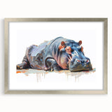 Hippopotamus wall art design featuring a detailed illustration of a hippo in a serene aquatic setting, framed with a silver mat, perfect for nature lovers.