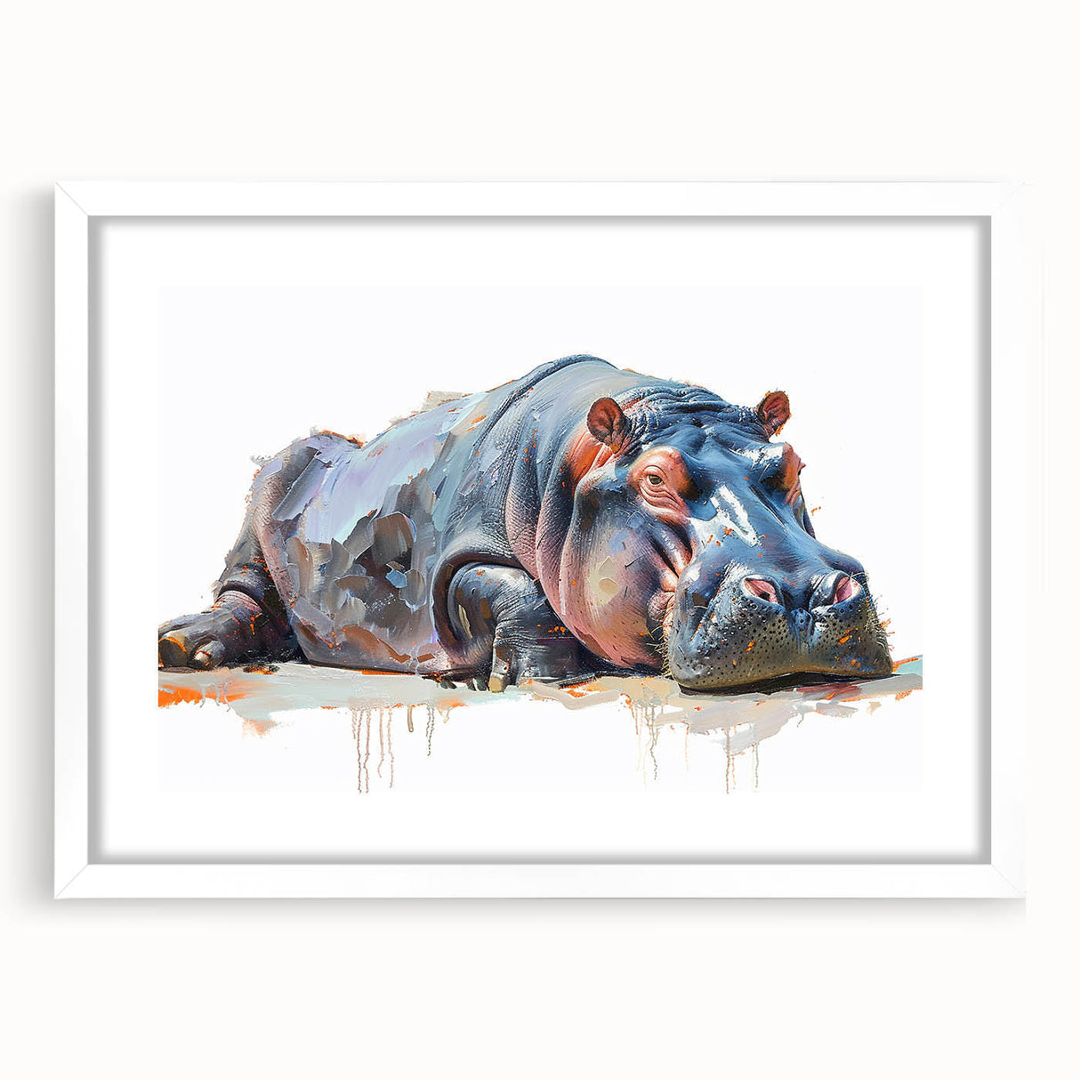 Hippopotamus-themed wall art framed in white, showcasing a vibrant, colorful design of a hippo in a natural habitat, perfect for animal lovers and home decor enthusiasts.