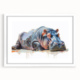 Hippopotamus-themed wall art framed in white, showcasing a vibrant, colorful design of a hippo in a natural habitat, perfect for animal lovers and home decor enthusiasts.