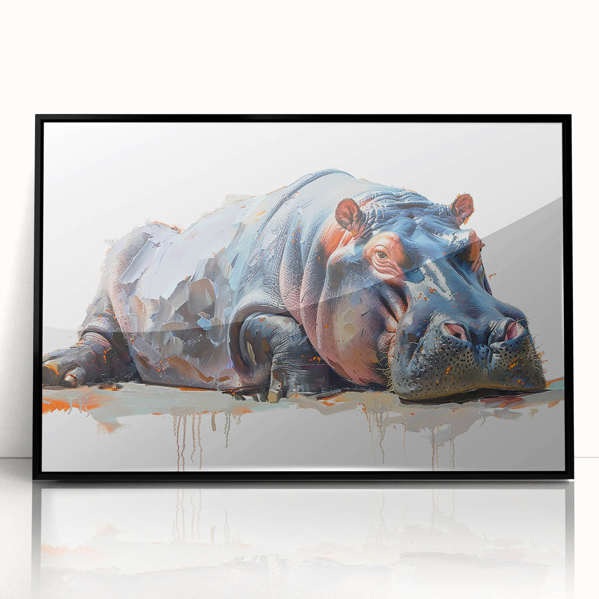 Framed wall art featuring a black acrylic design of a hippopotamus, showcasing vibrant colors and intricate details, ideal for animal lovers and home decor enthusiasts.