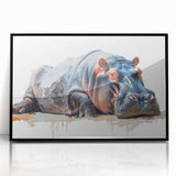 Framed wall art featuring a black acrylic design of a hippopotamus, showcasing vibrant colors and intricate details, ideal for animal lovers and home decor enthusiasts.
