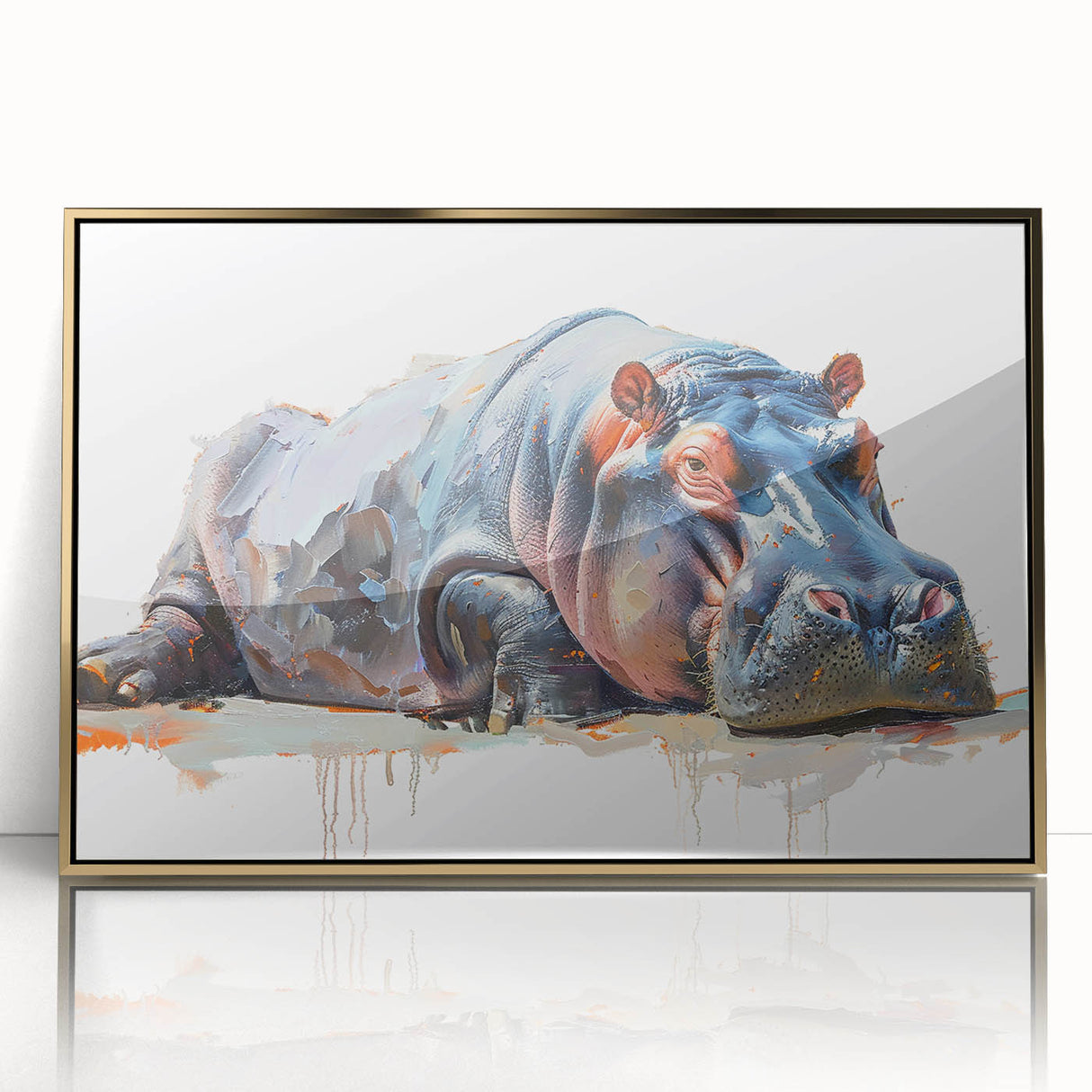 Framed acrylic wall art featuring a vibrant front view of a hippopotamus, showcasing rich colors and intricate details, perfect for animal lovers and home decor enthusiasts.