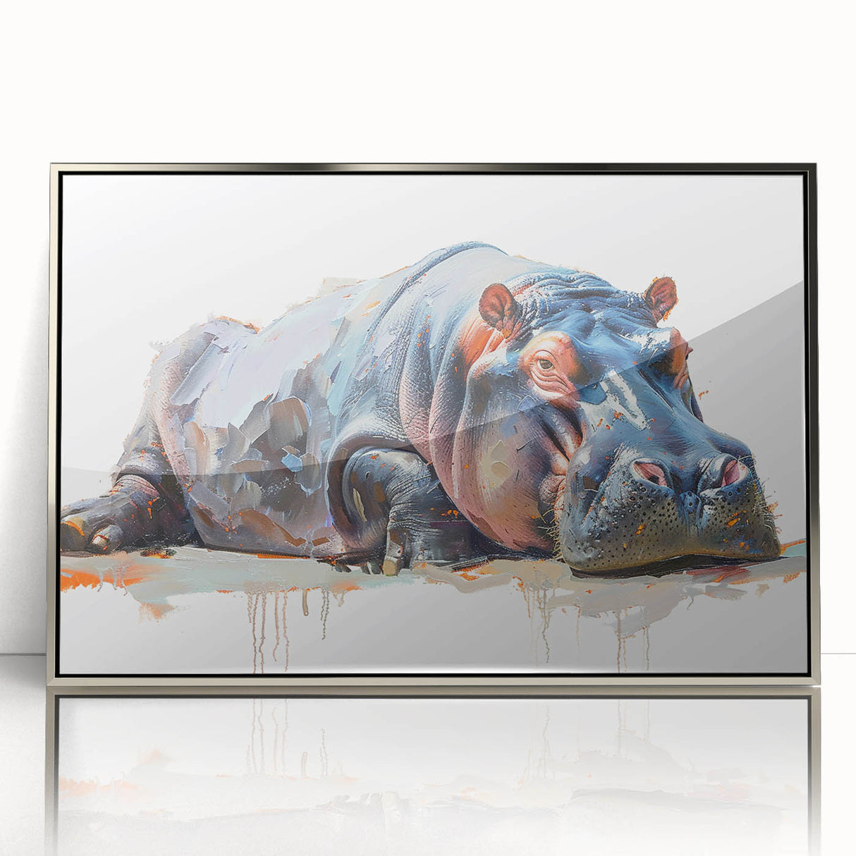 Framed wall art showcasing a stunning silver-accented hippopotamus design, featuring vibrant colors and intricate details, perfect for wildlife enthusiasts and home decor.