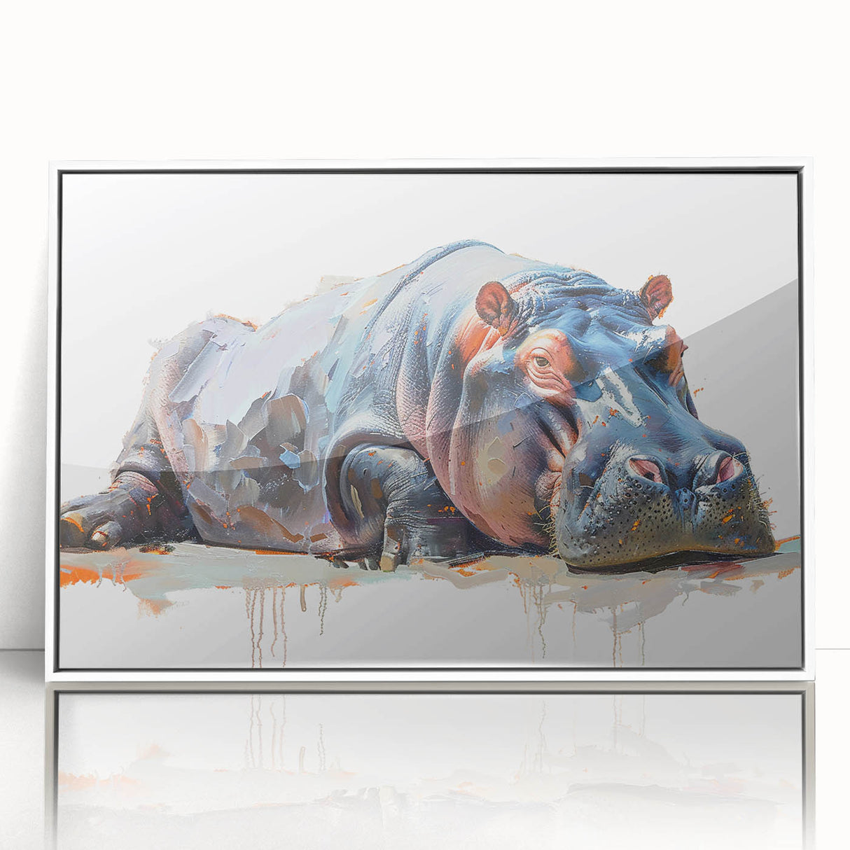 Framed wall art featuring a detailed acrylic design of a hippopotamus in a natural setting, showcasing vibrant colors and textures, ideal for wildlife enthusiasts' decor.