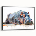 Framed canvas wall art showcasing a black side view of a hippopotamus, highlighting its distinctive features and textures against a neutral background, perfect for animal lovers' decor.