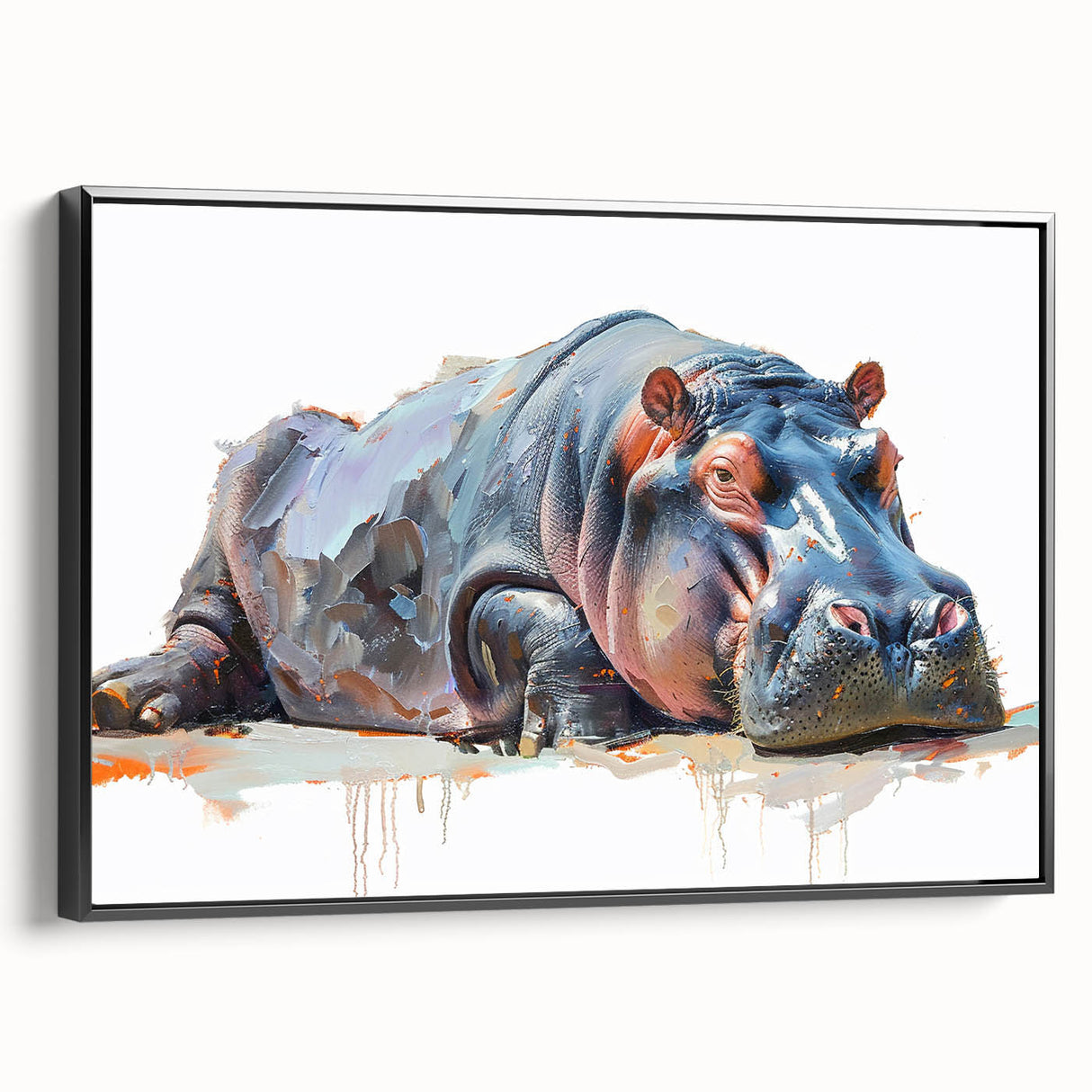 Framed canvas wall art showcasing a black side view of a hippopotamus, highlighting its distinctive features and textures against a neutral background, perfect for animal lovers' decor.