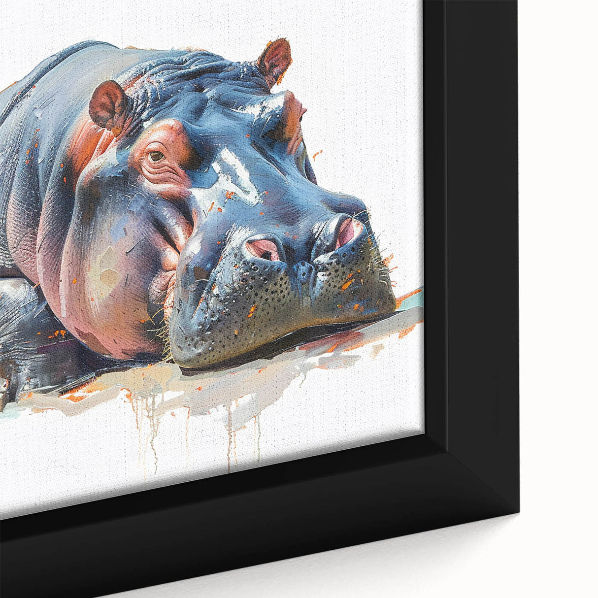 Close-up of a framed canvas wall art depicting a serene hippopotamus in a vibrant African landscape, showcasing detailed textures and rich colors, perfect for nature enthusiasts.