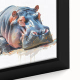 Close-up of a framed canvas wall art depicting a serene hippopotamus in a vibrant African landscape, showcasing detailed textures and rich colors, perfect for nature enthusiasts.