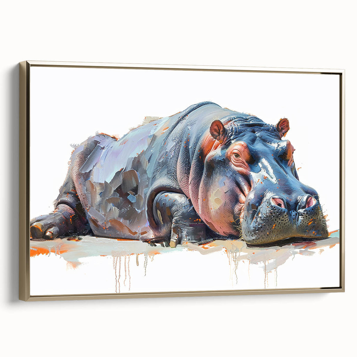 Framed canvas wall art showcasing a side view of a hippopotamus design, featuring vibrant colors and intricate details, perfect for wildlife enthusiasts and home decor.