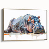 Framed canvas wall art showcasing a side view of a hippopotamus design, featuring vibrant colors and intricate details, perfect for wildlife enthusiasts and home decor.