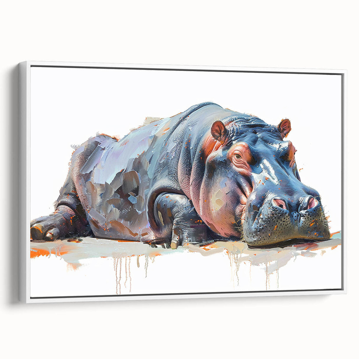 Framed wall art showcasing a white side view of a hippopotamus, featuring vibrant colors and intricate details, perfect for animal lovers' home decor.
