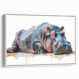 Framed wall art showcasing a white side view of a hippopotamus, featuring vibrant colors and intricate details, perfect for animal lovers' home decor.
