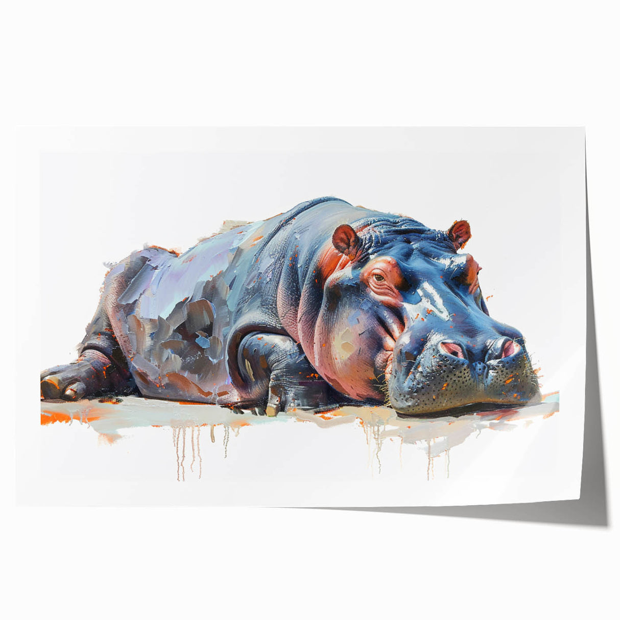 Vibrant wall art print showcasing a colorful design of a hippopotamus in a wild setting, ideal for animal lovers and home decor enthusiasts, rolled and ready for display.