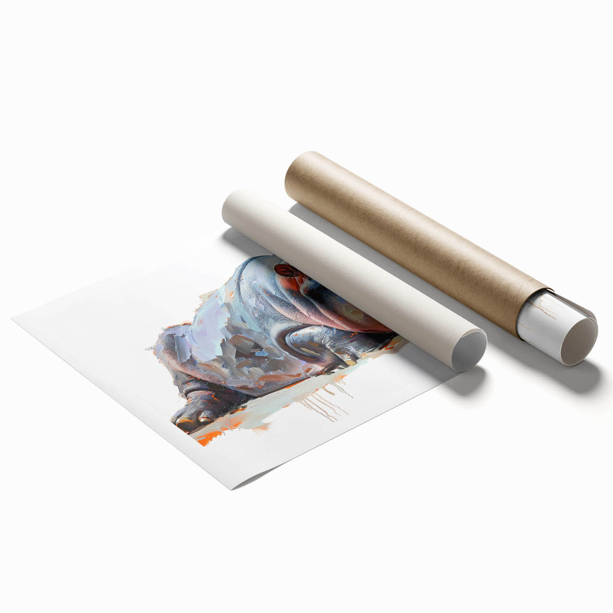 Colorful hippo wall art print showcasing a vibrant, abstract design with intricate patterns, perfect for animal lovers and home decor enthusiasts, presented as a rolled canvas.