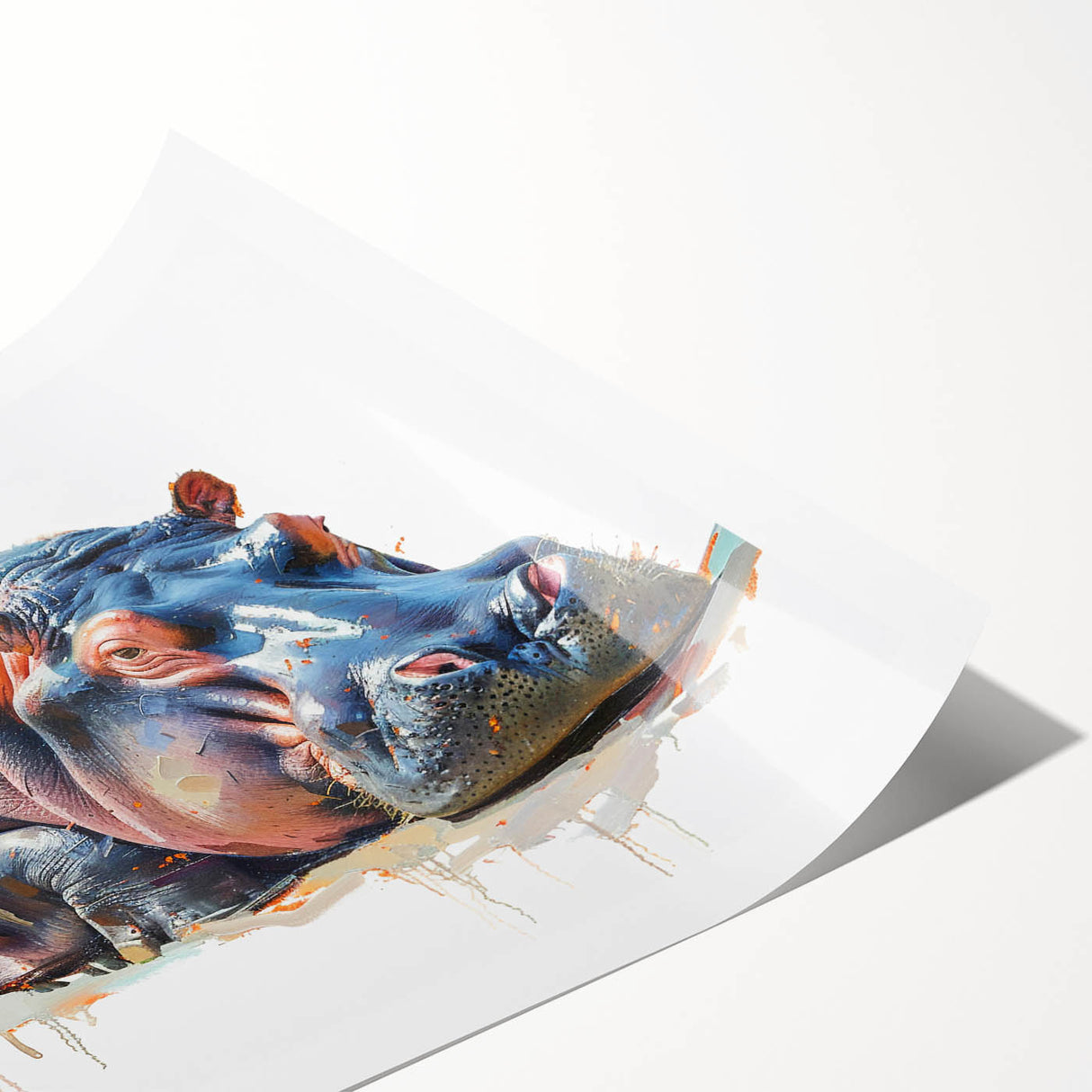 Hippopotamus wall art print showcasing a vibrant design, featuring shades of blue and green with intricate details, perfect for wildlife enthusiasts.