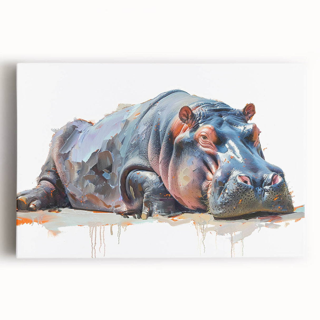 Colorful stretched canvas wall art featuring a front view of a hippopotamus in its natural habitat, capturing intricate details and vibrant colors for wildlife enthusiasts.