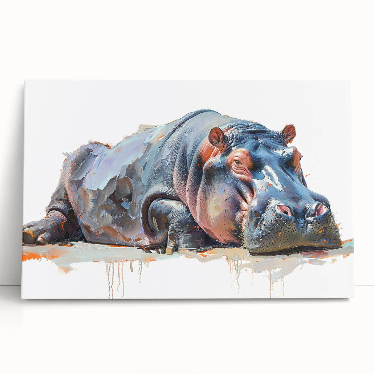Hippopotamus wall art design on stretched canvas, showcasing vibrant colors and intricate details, perfect for animal lovers and home decor enthusiasts.