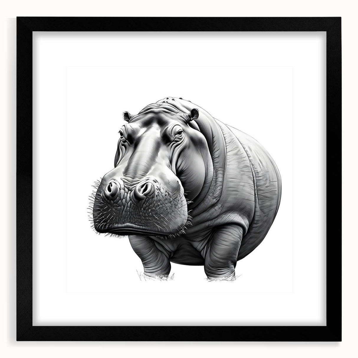 Hippopotamus-themed wall art collection framed in black, showcasing vibrant colors and intricate details, perfect for animal lovers and home decor enthusiasts.