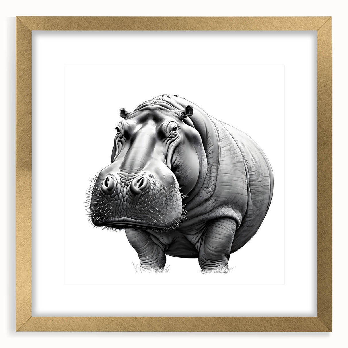 Elegant wall art featuring a gold-framed hippopotamus design, showcasing intricate details and vibrant colors, perfect for animal lovers and home decor enthusiasts.