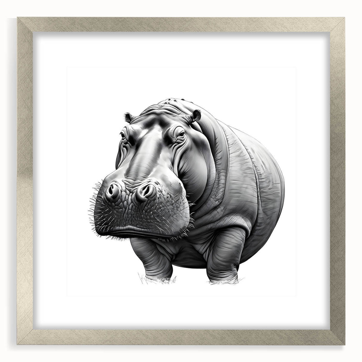 Hippopotamus wall art design featuring a silver frame with mat, showcasing vibrant colors and intricate details, perfect for animal-themed decor. Ideal for nature lovers.