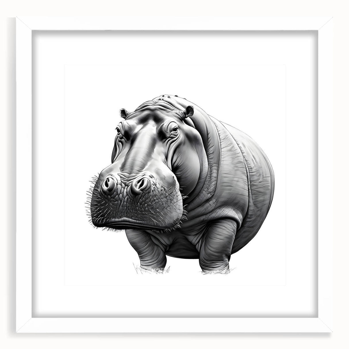 Hippopotamus-themed wall art design featuring a vibrant, colorful illustration on a white frame, perfect for adding a playful touch to home decor. Ideal for animal lovers.