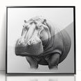 Framed acrylic wall art depicting a front view of a vibrant hippopotamus design, showcasing rich colors and intricate details, perfect for animal-themed decor.