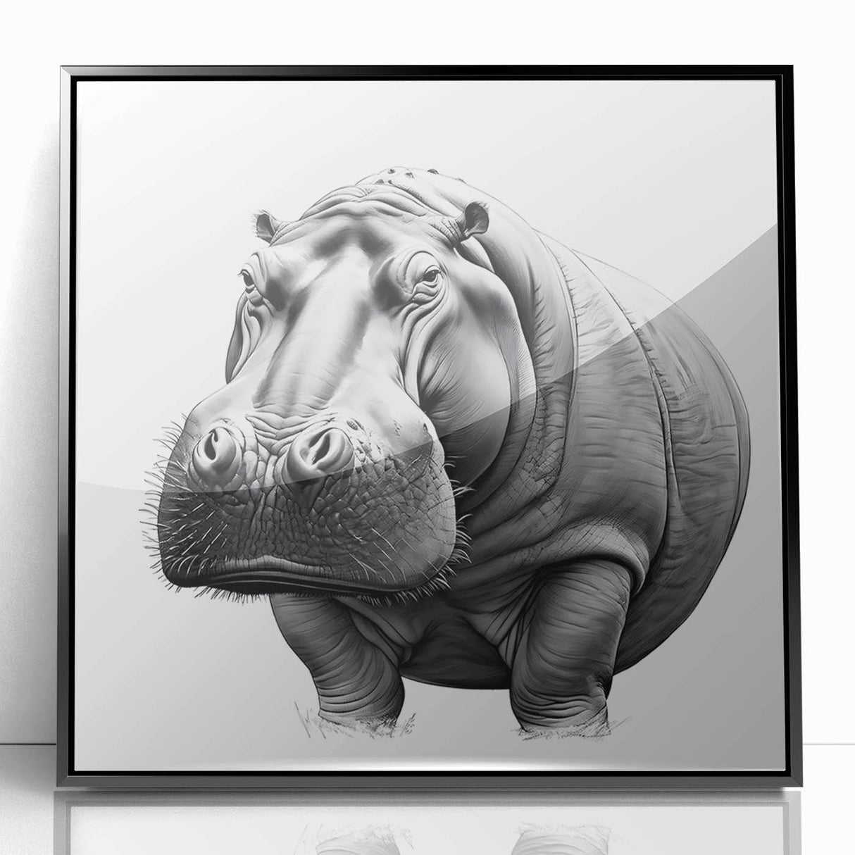 Framed acrylic wall art depicting a front view of a vibrant hippopotamus design, showcasing rich colors and intricate details, perfect for animal-themed decor.