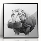 Framed acrylic wall art depicting a front view of a vibrant hippopotamus design, showcasing rich colors and intricate details, perfect for animal-themed decor.