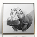 Framed wall art showcasing a striking front view of a hippopotamus in a gold-accented design, perfect for animal lovers and modern home decor.