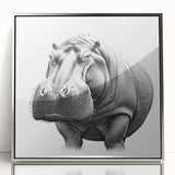 Framed wall art featuring a silver-accented front view of a hippopotamus design, showcasing vibrant colors and intricate details, perfect for wildlife enthusiasts.