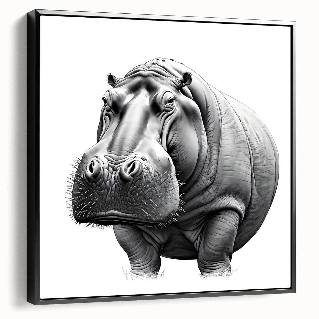Framed canvas wall art depicting a side view of a hippopotamus in a natural setting, showcasing vibrant colors and intricate details for wildlife enthusiasts.
