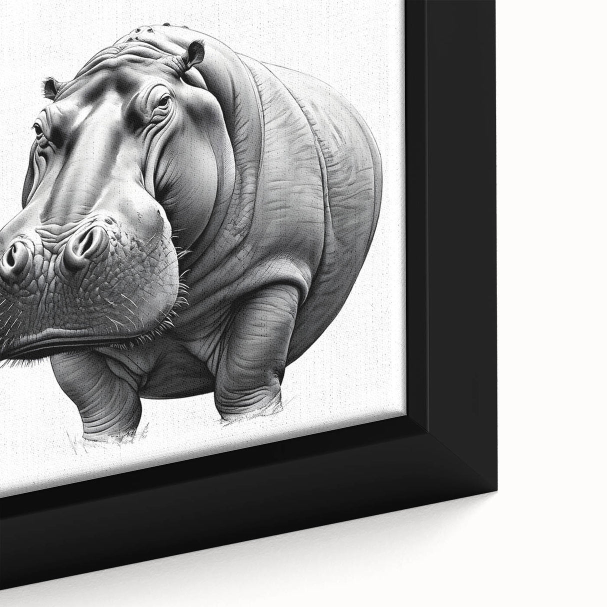 Close-up of a framed canvas wall art featuring a hippo in a vibrant natural setting, showcasing rich colors and intricate details, perfect for wildlife enthusiasts.