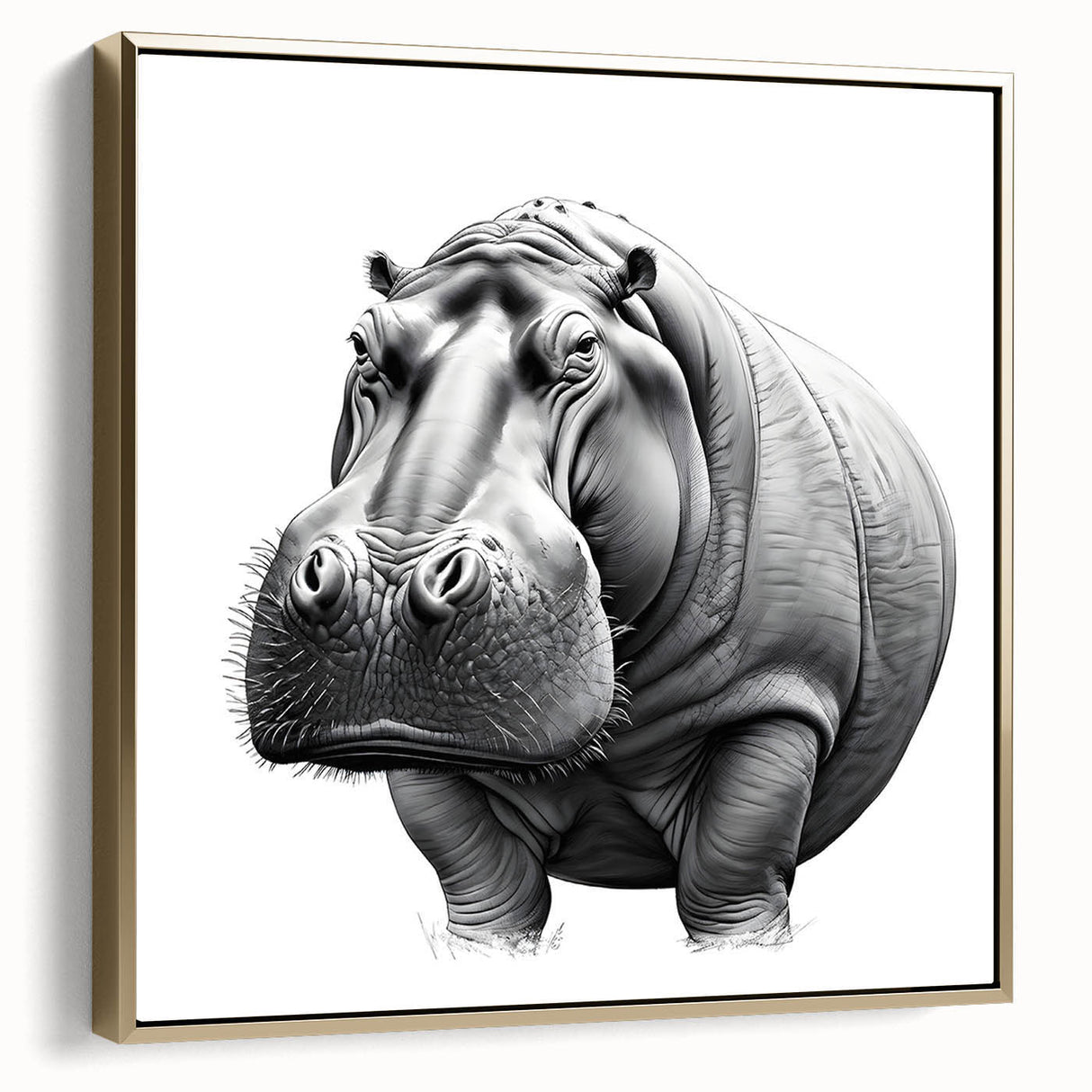 Hippopotamus wall art design in a gold-framed canvas showcases a side view of the animal, highlighting its detailed features and vibrant colors, perfect for wildlife enthusiasts.