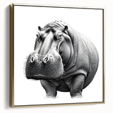 Hippopotamus wall art design in a gold-framed canvas showcases a side view of the animal, highlighting its detailed features and vibrant colors, perfect for wildlife enthusiasts.