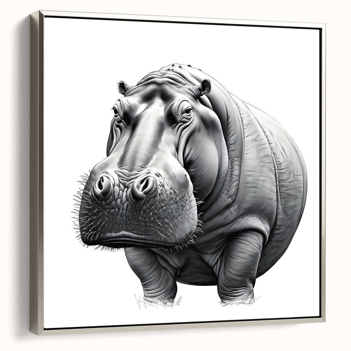 Framed wall art showcasing a detailed silver side view of a hippopotamus, emphasizing its unique features and textures, perfect for wildlife enthusiasts.
