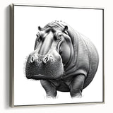 Framed wall art showcasing a detailed silver side view of a hippopotamus, emphasizing its unique features and textures, perfect for wildlife enthusiasts.