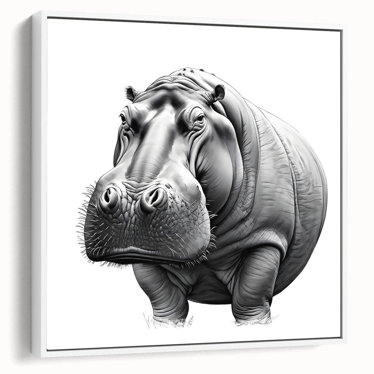 Framed canvas wall art featuring a side view of a hippopotamus in a minimalist design, showcasing rich colors and textures, perfect for animal lovers and home decor enthusiasts.