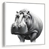 Framed canvas wall art featuring a side view of a hippopotamus in a minimalist design, showcasing rich colors and textures, perfect for animal lovers and home decor enthusiasts.