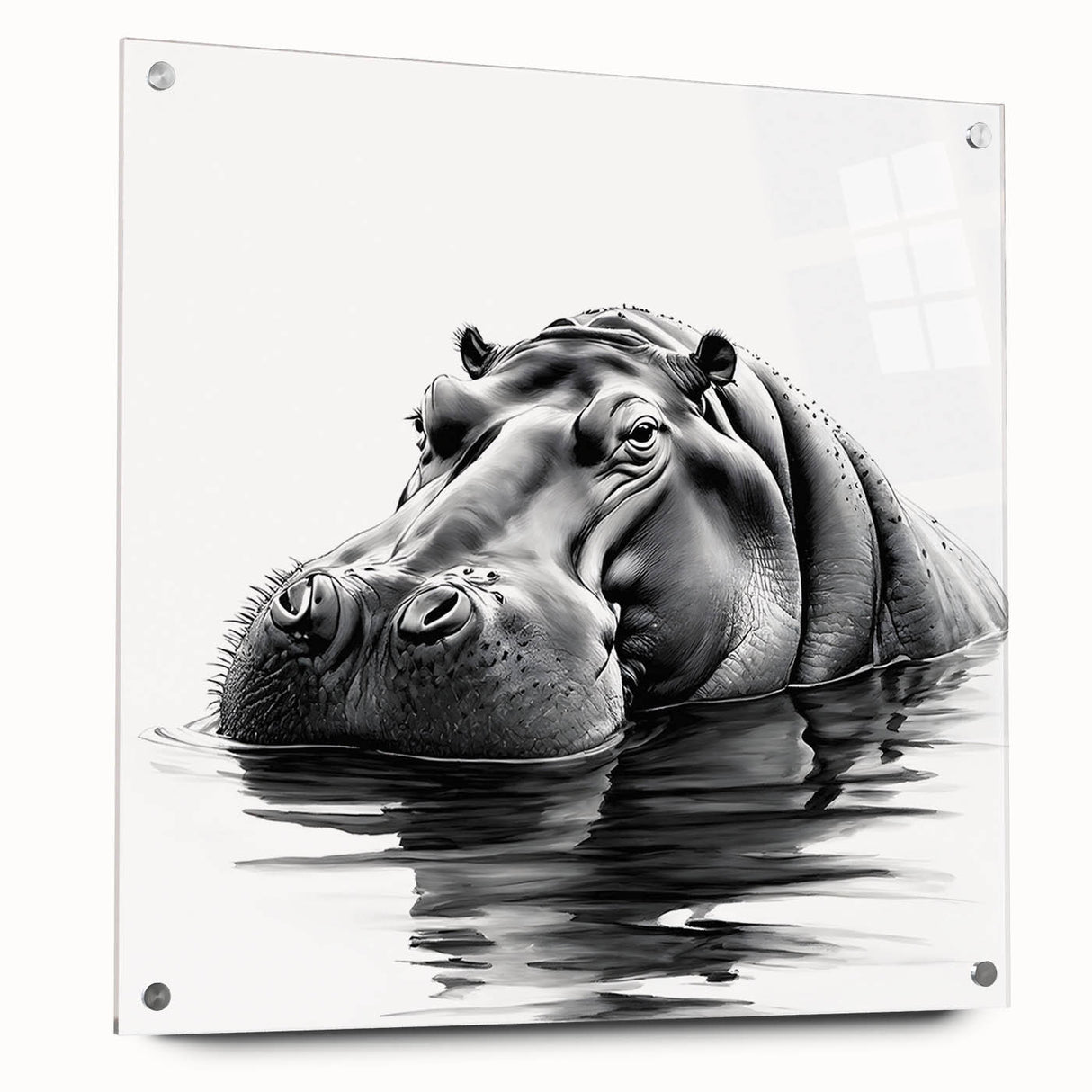 Acrylic glass wall art featuring a side view of a hippopotamus design, showcasing vibrant colors and intricate details, ideal for animal lovers’ decor.